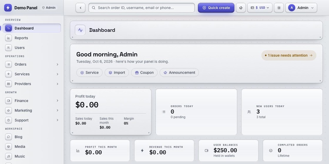 The admin dashboard of the panel: profit today, sales, orders and the issues that need attention