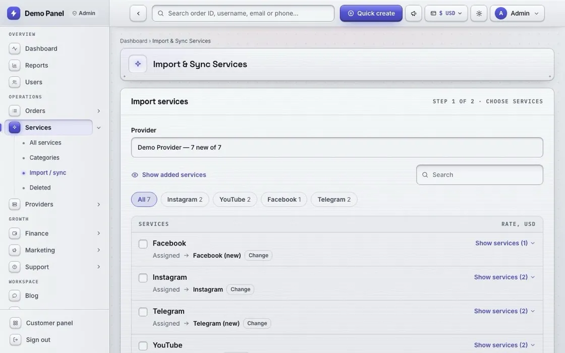 The admin Import and Sync Services page: provider selected, categories mapped, services ready to import