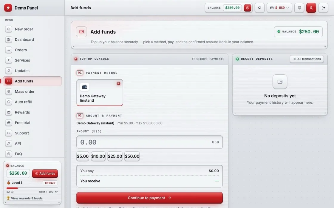The Add Funds page: payment method, amount presets and the amount the customer receives