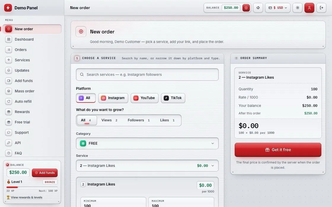 The New Order page of the SMM panel: a service picker, link and quantity fields, and the price shown before ordering