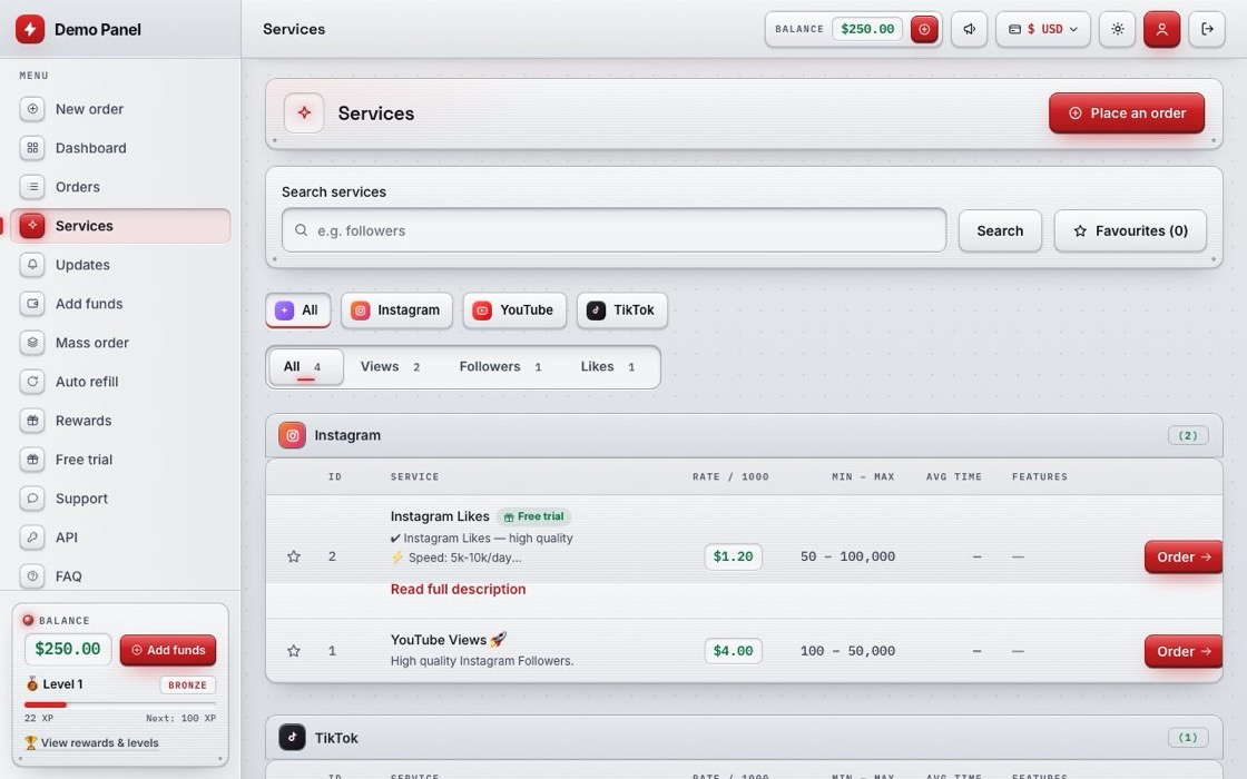 The Services page of the panel: categories, search, prices and an order button for every service