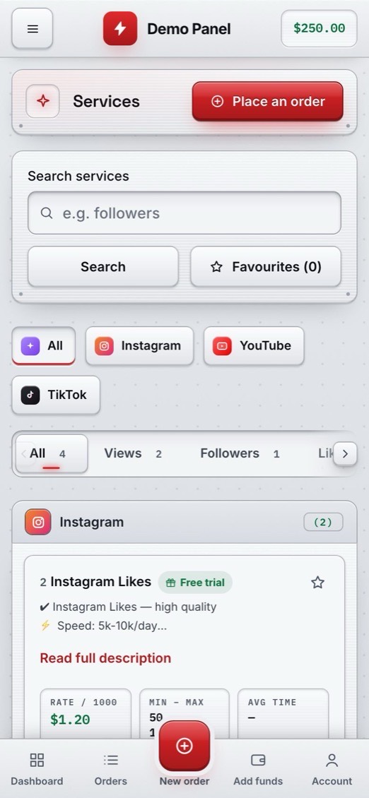 The services list of the panel on a phone, with search and prices