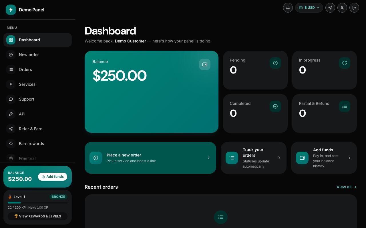 Bento Grid theme: the storefront dashboard of the panel, in dark mode