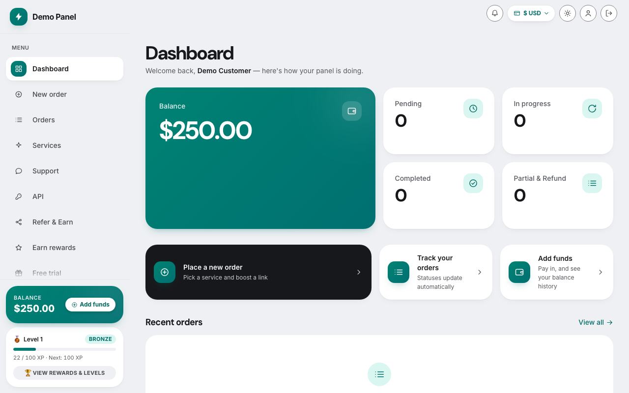 Bento Grid theme: the storefront dashboard of the panel