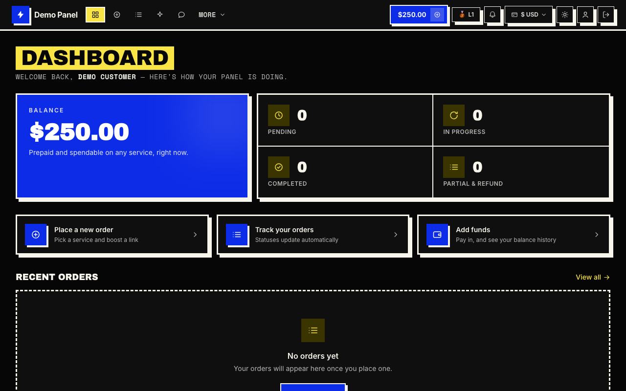 Brutalism theme: the storefront dashboard of the panel, in dark mode