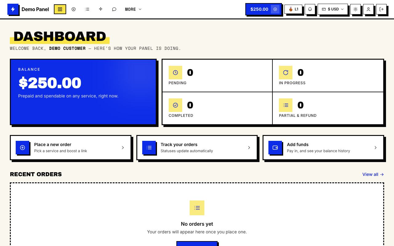 Brutalism theme: the storefront dashboard of the panel