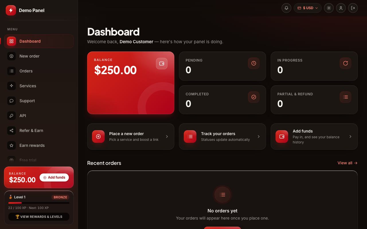 GetMy Classic theme: the storefront dashboard of the panel, in dark mode