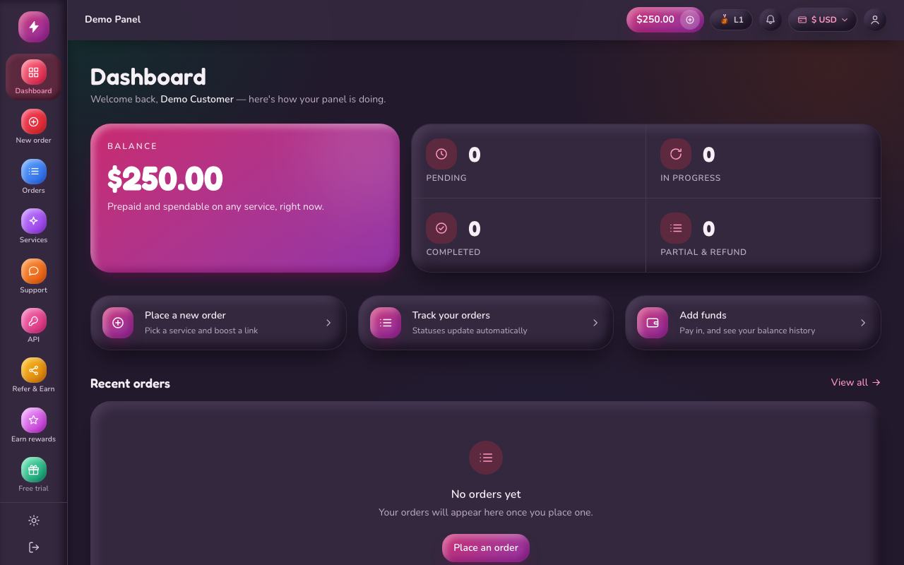 Claymorphism theme: the storefront dashboard of the panel, in dark mode