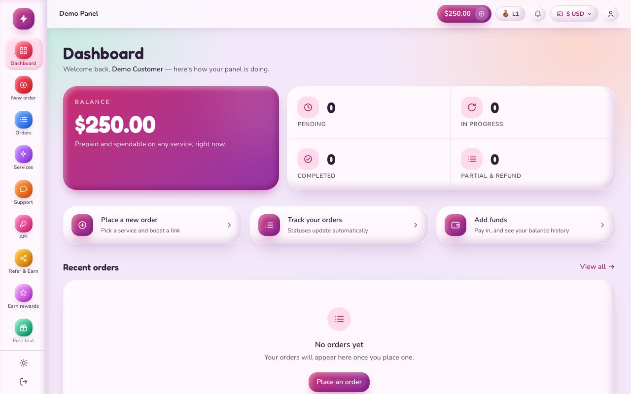 Claymorphism theme: the storefront dashboard of the panel