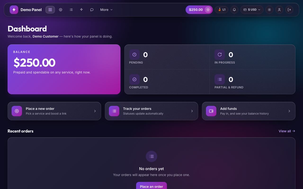 Glassmorphism theme: the storefront dashboard of the panel, in dark mode