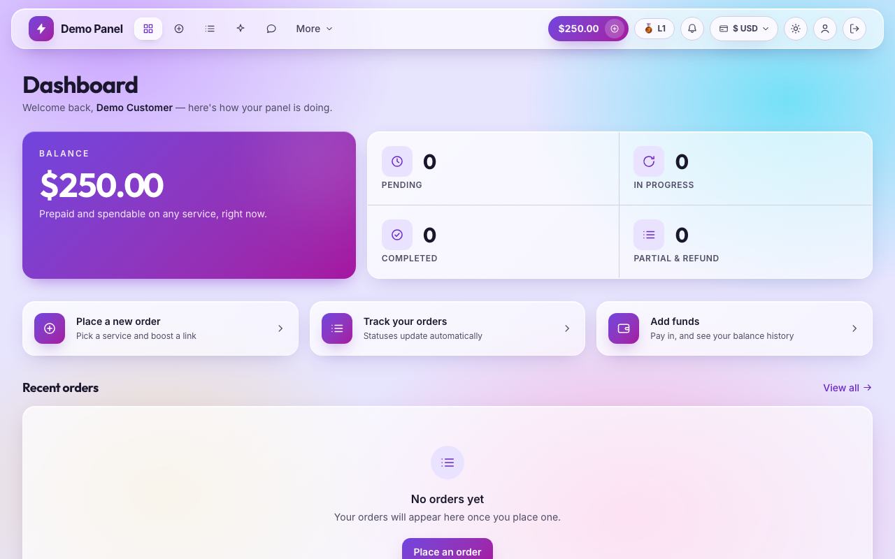 Glassmorphism theme: the storefront dashboard of the panel
