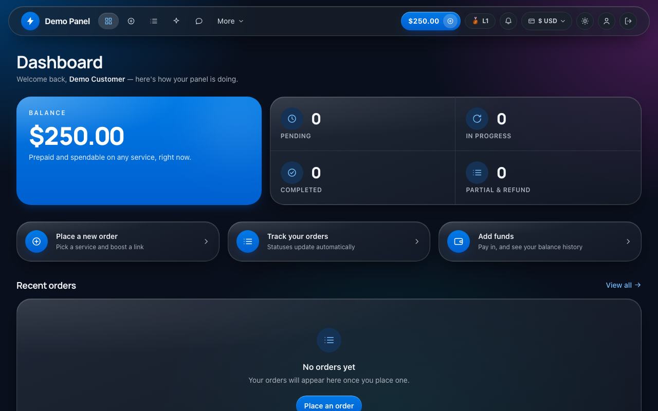 Liquid Glass theme: the storefront dashboard of the panel, in dark mode