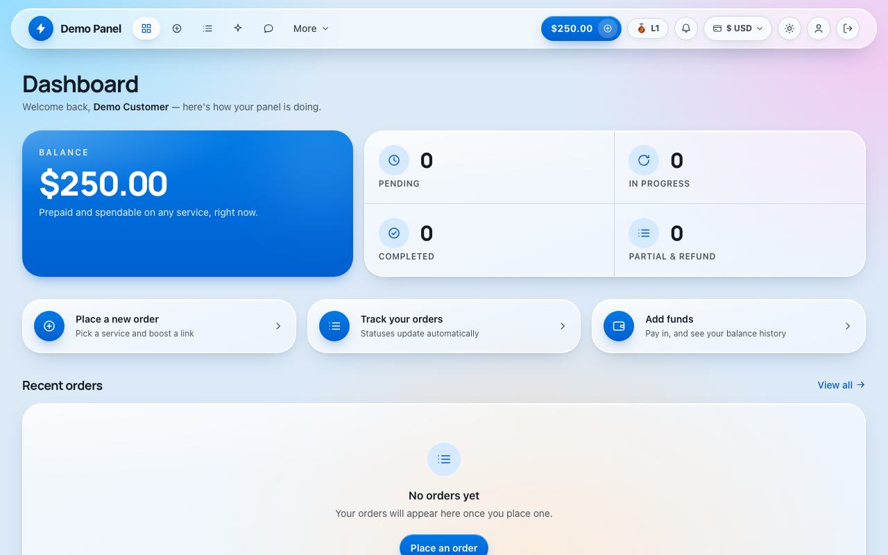 Liquid Glass theme: the storefront dashboard of the panel