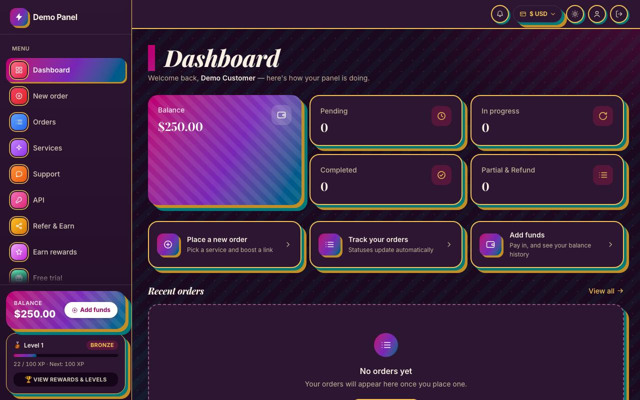 Maximalism theme: the storefront dashboard of the panel, in dark mode