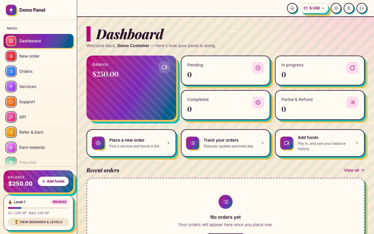 Maximalism theme: the storefront dashboard of the panel