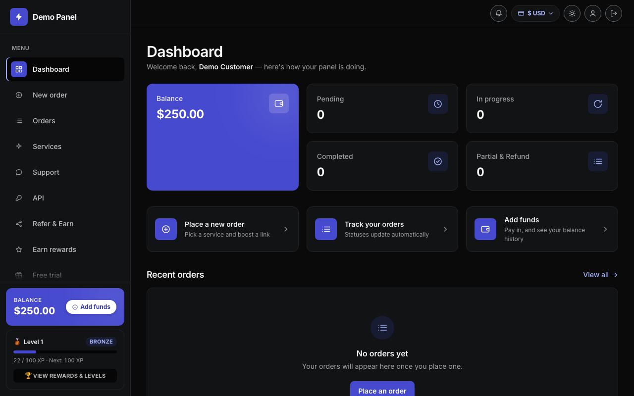 Minimalism theme: the storefront dashboard of the panel, in dark mode