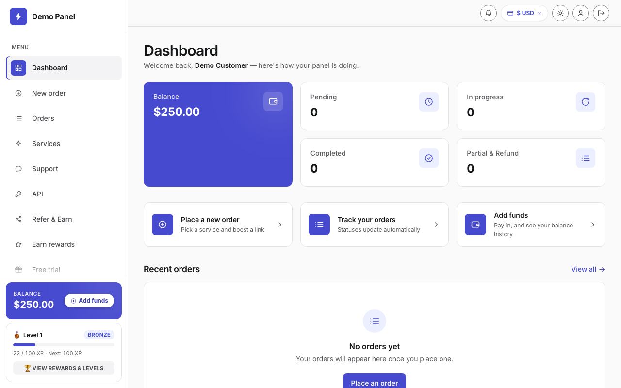 Minimalism theme: the storefront dashboard of the panel