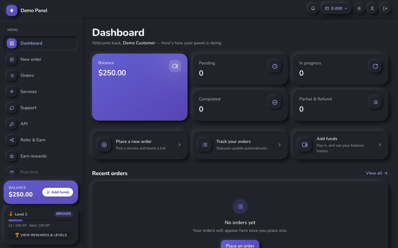 Neumorphism theme: the storefront dashboard of the panel, in dark mode