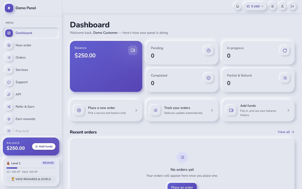 Neumorphism theme: the storefront dashboard of the panel