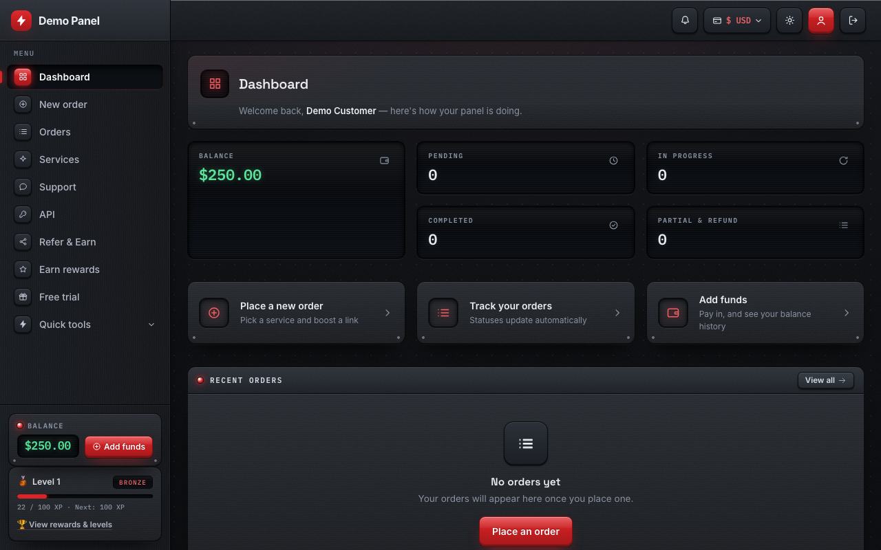 GetMy Rako theme: the storefront dashboard of the panel, in dark mode