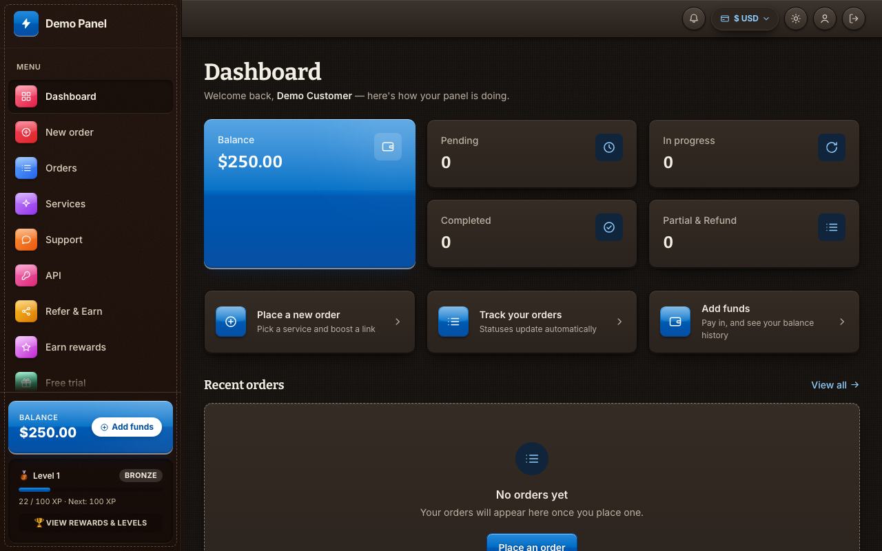 Skeuomorphism theme: the storefront dashboard of the panel, in dark mode