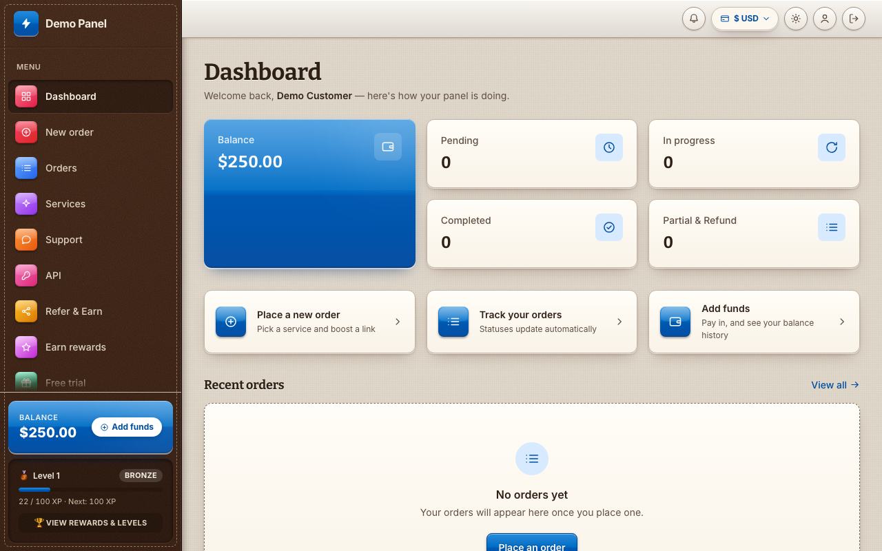 Skeuomorphism theme: the storefront dashboard of the panel