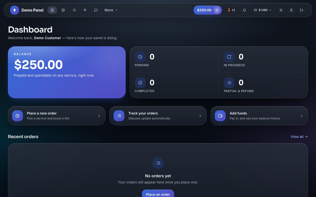 Spatial UI theme: the storefront dashboard of the panel, in dark mode