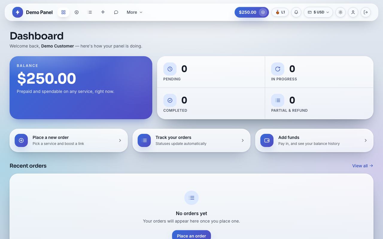 Spatial UI theme: the storefront dashboard of the panel